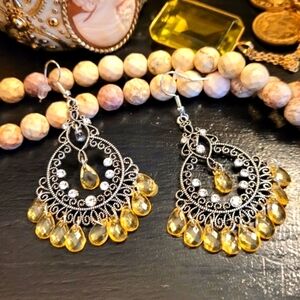 NWT Boho Lemon Beaded White Crystal Silver Chandelier Earrings